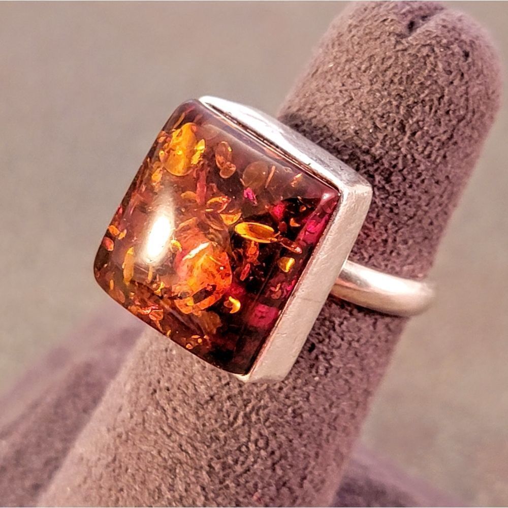 Vintage Sterling Baltic Amber Cab Rectangle Statement Ring Sz 6
